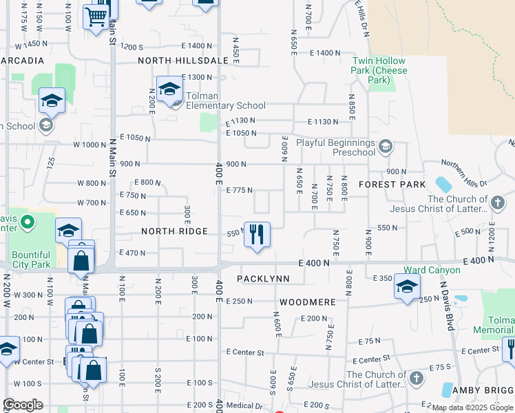 map of restaurants, bars, coffee shops, grocery stores, and more near 700 North 500 East in Bountiful