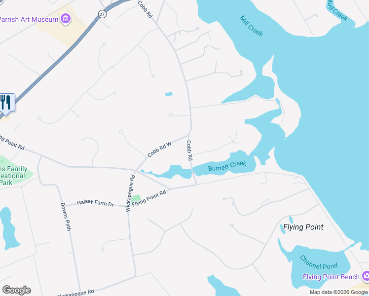 map of restaurants, bars, coffee shops, grocery stores, and more near 61 Cobb Road in Water Mill