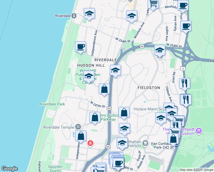 map of restaurants, bars, coffee shops, grocery stores, and more near 4901 Henry Hudson Parkway West in Bronx
