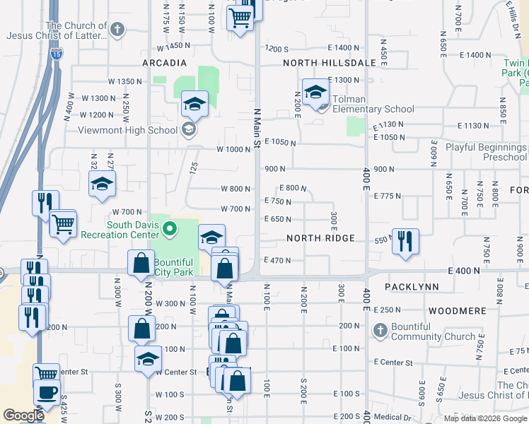 map of restaurants, bars, coffee shops, grocery stores, and more near 640 North Main Street in Bountiful