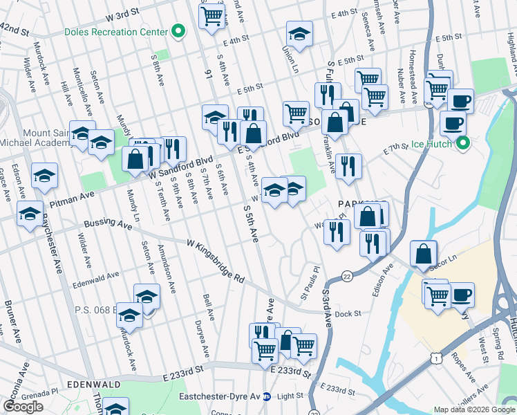 map of restaurants, bars, coffee shops, grocery stores, and more near 630 South 4th Avenue in Mount Vernon