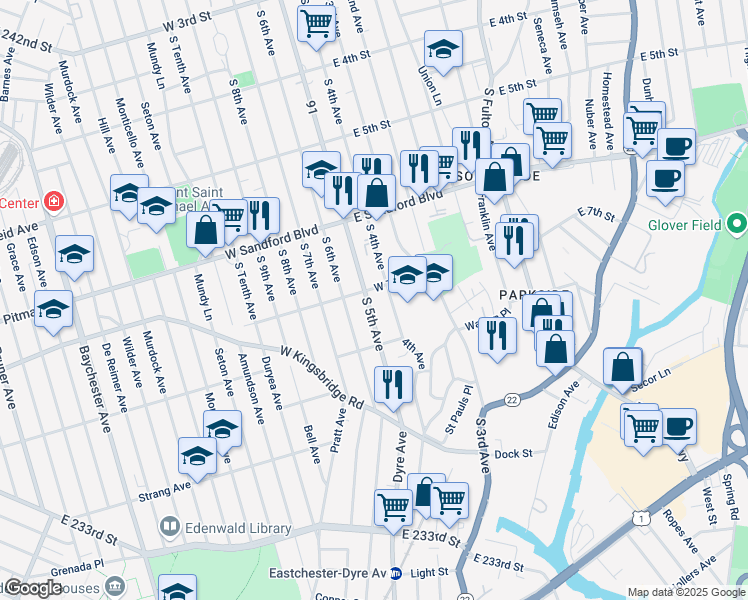 map of restaurants, bars, coffee shops, grocery stores, and more near 630 South 4th Avenue in Mount Vernon