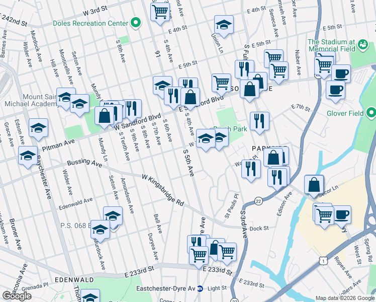 map of restaurants, bars, coffee shops, grocery stores, and more near 630 South 4th Avenue in Mount Vernon