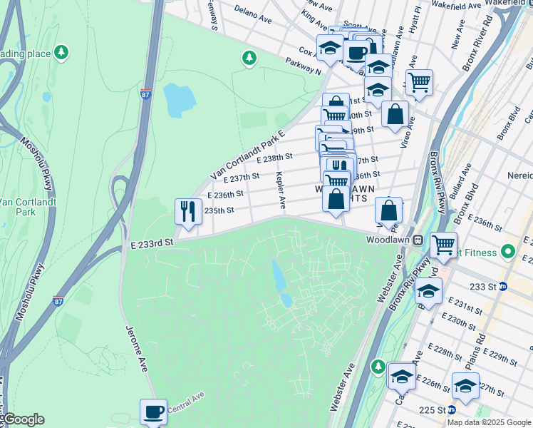 map of restaurants, bars, coffee shops, grocery stores, and more near in The Bronx