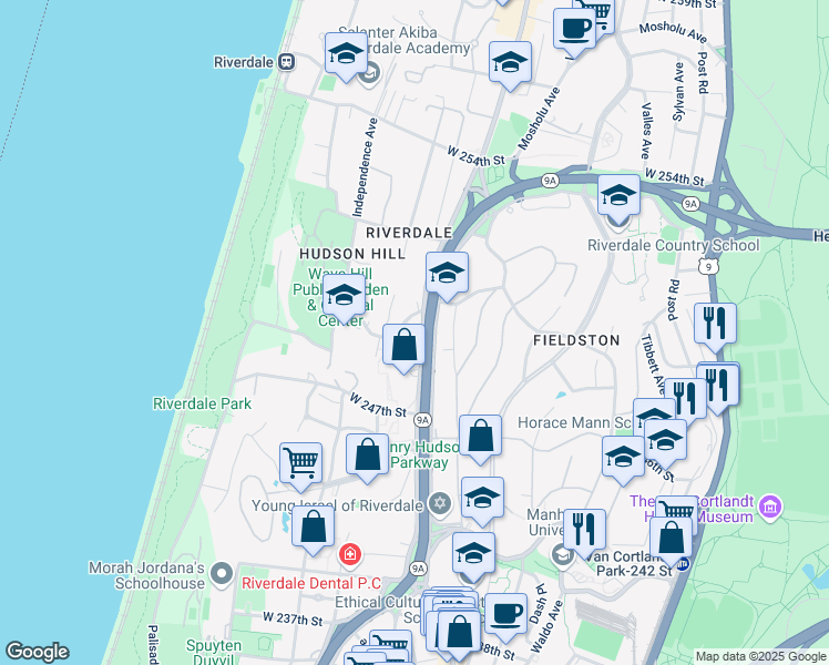 map of restaurants, bars, coffee shops, grocery stores, and more near Henry Hudson Parkway East in Bronx