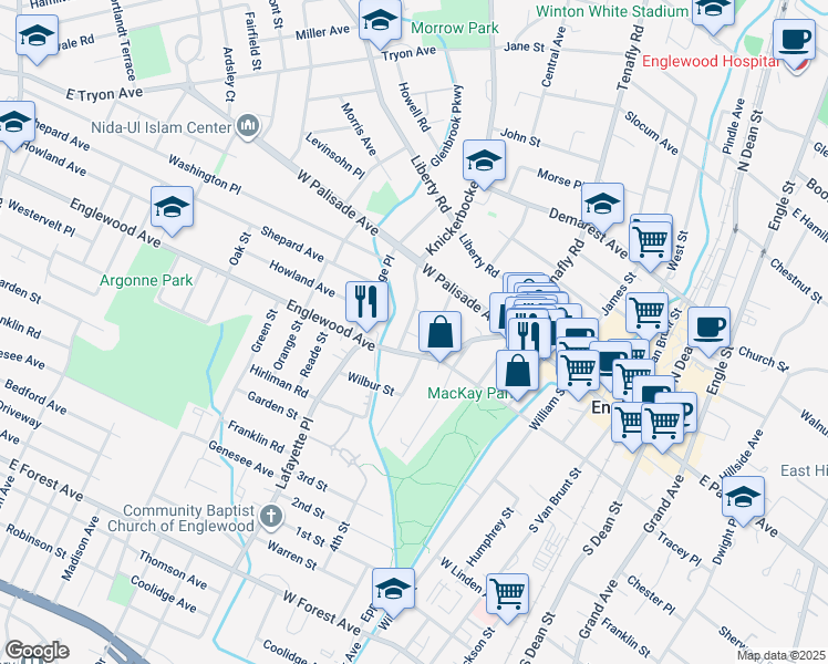 map of restaurants, bars, coffee shops, grocery stores, and more near in Englewood
