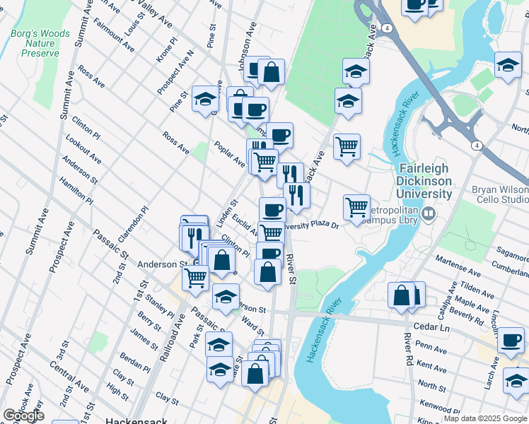 map of restaurants, bars, coffee shops, grocery stores, and more near 533 Main Street in Hackensack