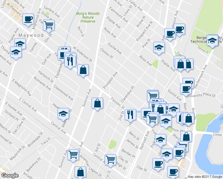 map of restaurants, bars, coffee shops, grocery stores, and more near 295 Passaic Street in Hackensack