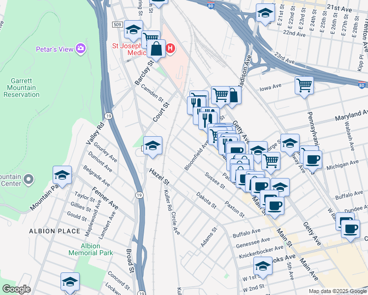 map of restaurants, bars, coffee shops, grocery stores, and more near 266 Sussex Street in Paterson