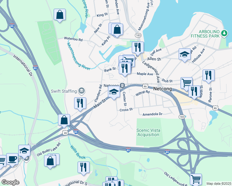 map of restaurants, bars, coffee shops, grocery stores, and more near 16 Center Street in Netcong