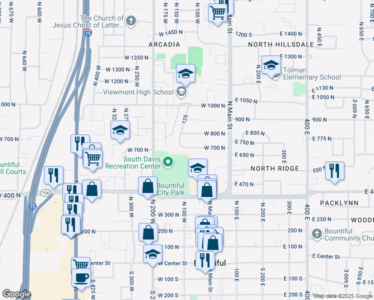 map of restaurants, bars, coffee shops, grocery stores, and more near 93 West 700 North in Bountiful