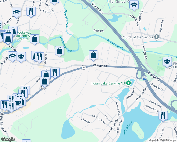map of restaurants, bars, coffee shops, grocery stores, and more near 38 Woodstone Road in Rockaway