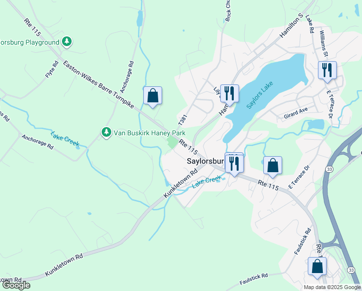 map of restaurants, bars, coffee shops, grocery stores, and more near 134 Hildabrant Lane in Saylorsburg
