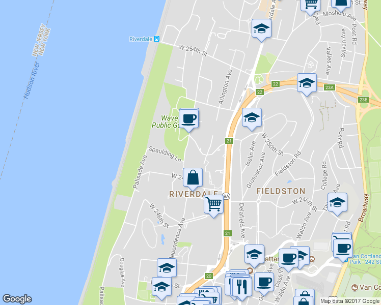 map of restaurants, bars, coffee shops, grocery stores, and more near 4904 Independence Avenue in Bronx