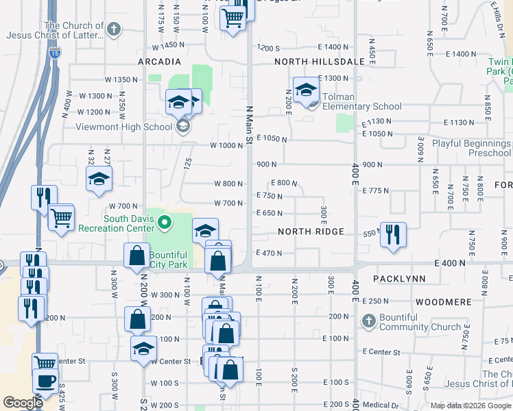 map of restaurants, bars, coffee shops, grocery stores, and more near 640 North Main Street in Bountiful