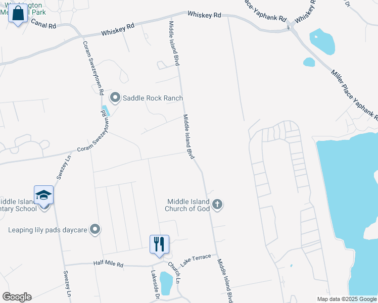 map of restaurants, bars, coffee shops, grocery stores, and more near Middle Island Blvd & Evergreen Ave in Middle Island