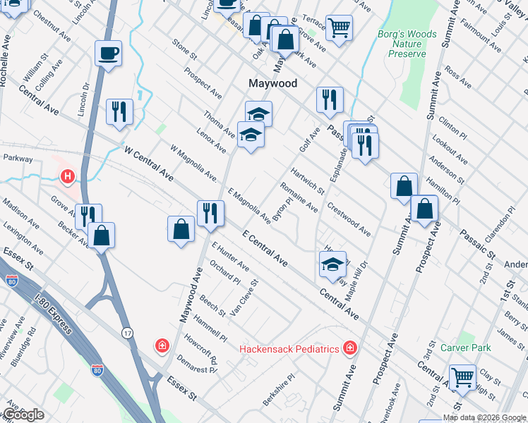 map of restaurants, bars, coffee shops, grocery stores, and more near 98 East Magnolia Avenue in Maywood
