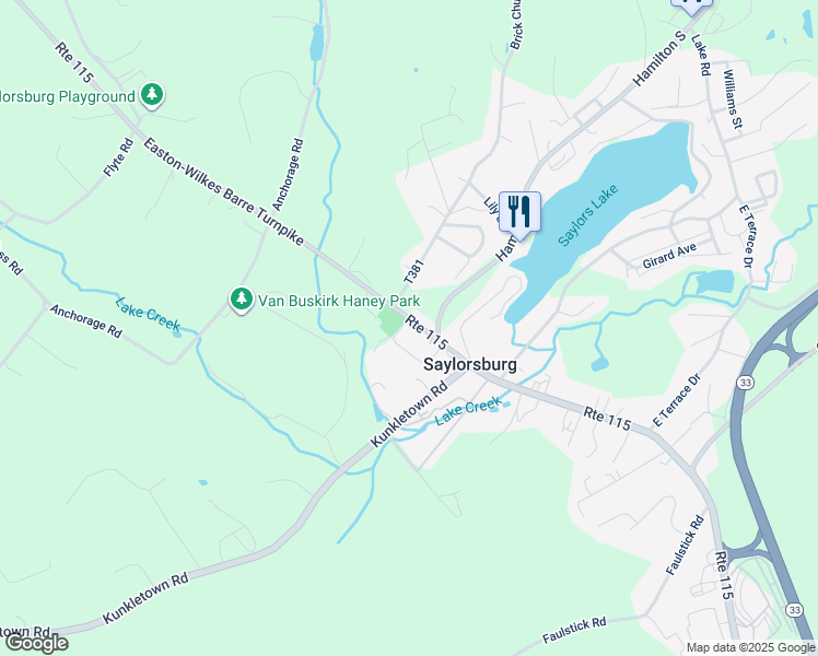 map of restaurants, bars, coffee shops, grocery stores, and more near 134 Hildabrant Lane in Saylorsburg