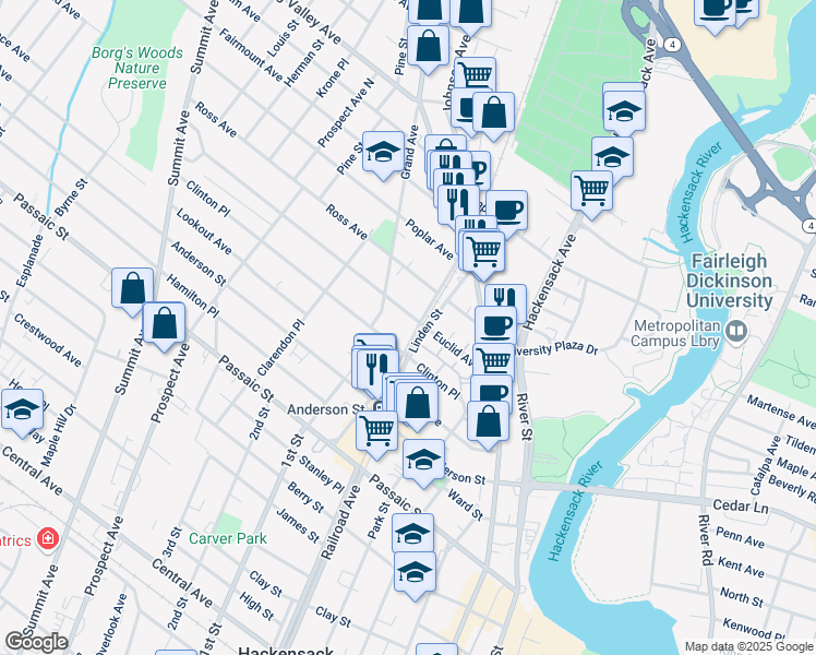 map of restaurants, bars, coffee shops, grocery stores, and more near 98 Euclid Avenue in Hackensack