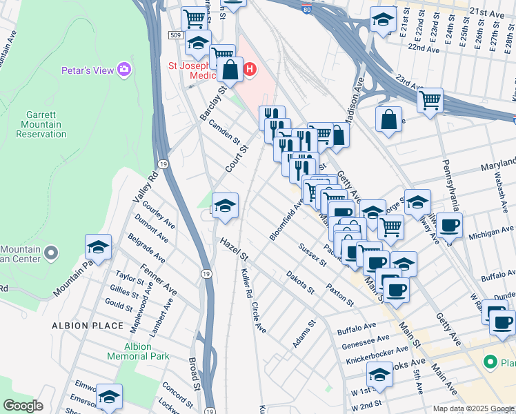map of restaurants, bars, coffee shops, grocery stores, and more near 88 Newark Avenue in Paterson