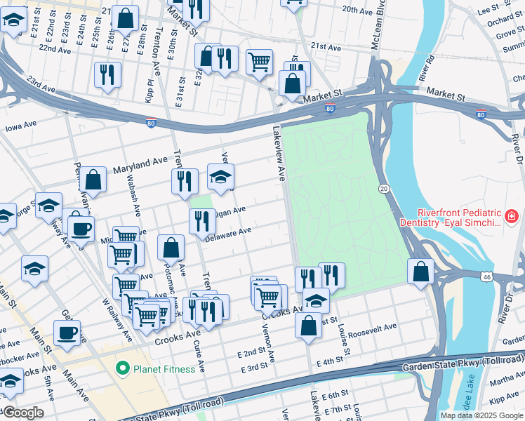 map of restaurants, bars, coffee shops, grocery stores, and more near 383 Michigan Avenue in Paterson