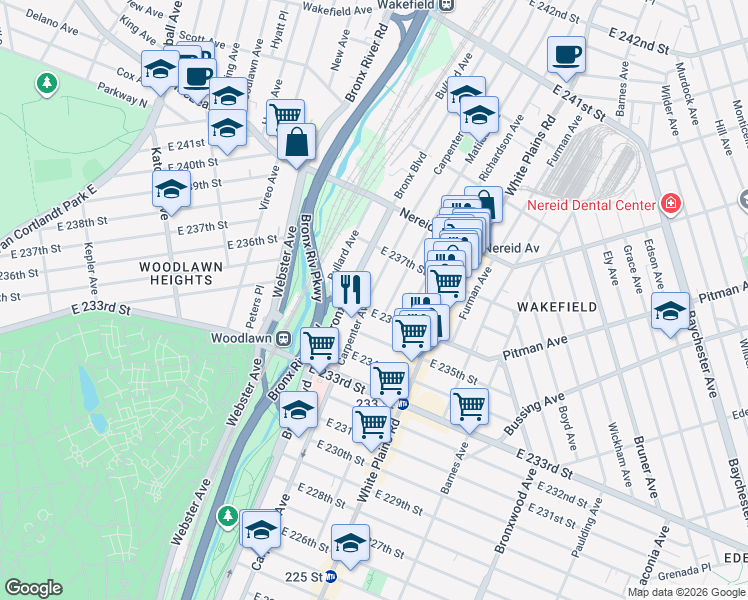 map of restaurants, bars, coffee shops, grocery stores, and more near 4335 Carpenter Avenue in The Bronx
