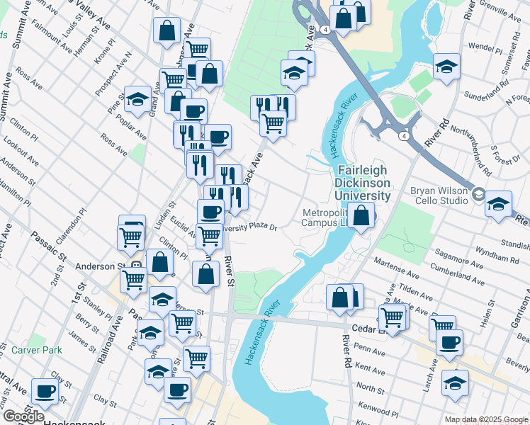 map of restaurants, bars, coffee shops, grocery stores, and more near 30 Woodridge Avenue in Hackensack