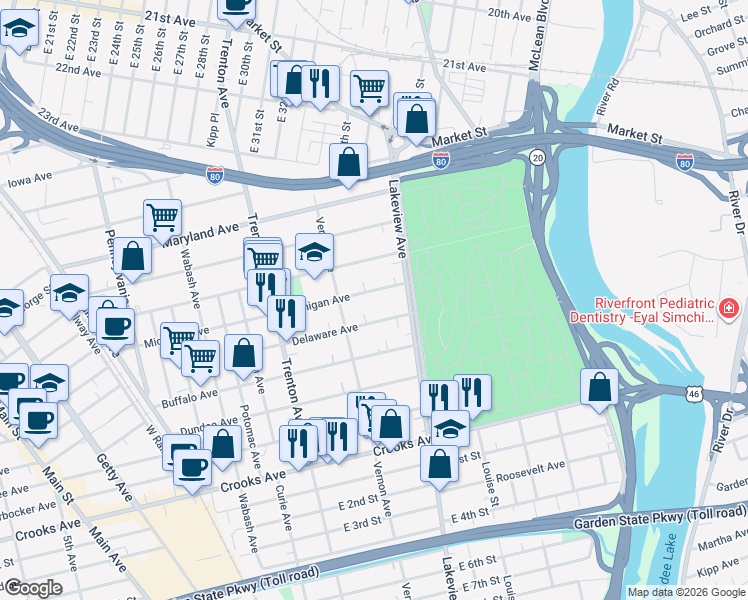 map of restaurants, bars, coffee shops, grocery stores, and more near 383 Michigan Avenue in Paterson