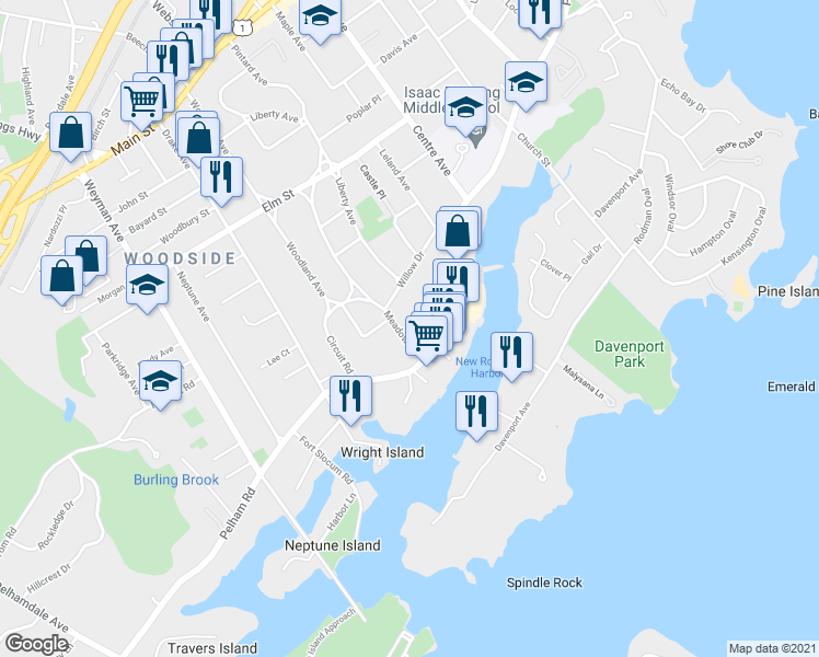map of restaurants, bars, coffee shops, grocery stores, and more near 130 Meadow Lane in New Rochelle