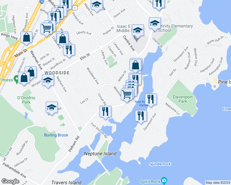map of restaurants, bars, coffee shops, grocery stores, and more near 130 Meadow Lane in New Rochelle