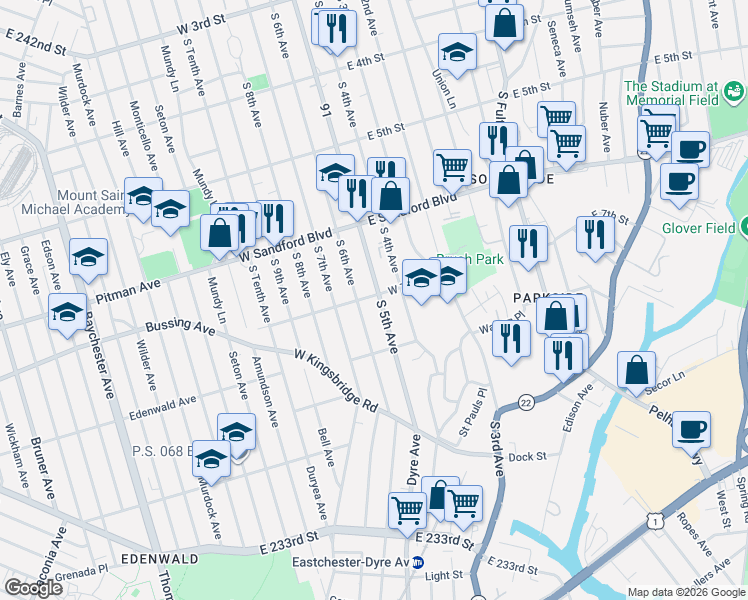 map of restaurants, bars, coffee shops, grocery stores, and more near 550 South 5th Avenue in Mount Vernon
