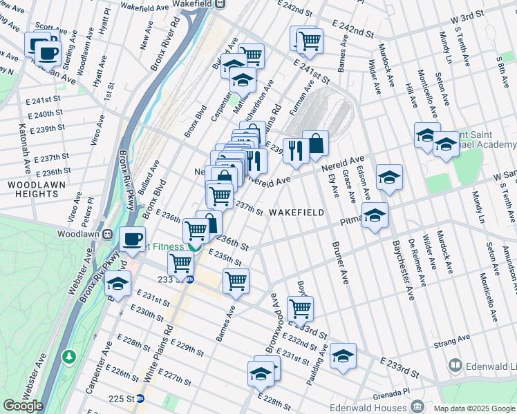 map of restaurants, bars, coffee shops, grocery stores, and more near 4392 Byron Avenue in Bronx