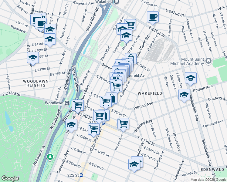 map of restaurants, bars, coffee shops, grocery stores, and more near 4354 White Plains Road in The Bronx