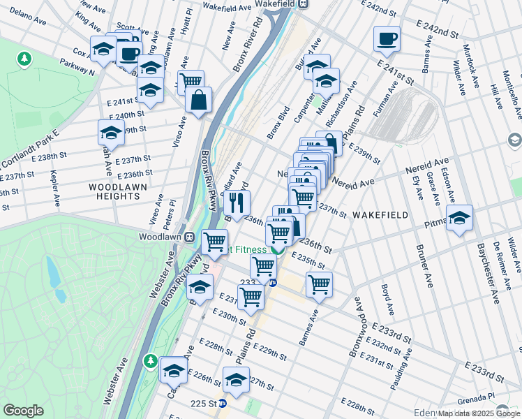 map of restaurants, bars, coffee shops, grocery stores, and more near 4335 Carpenter Avenue in The Bronx