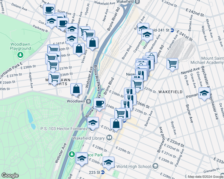 map of restaurants, bars, coffee shops, grocery stores, and more near 4335 Carpenter Avenue in The Bronx