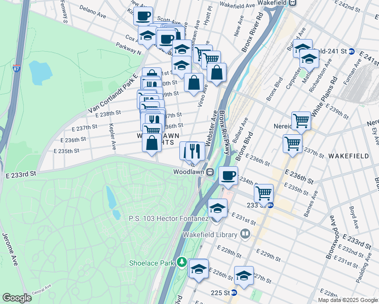 map of restaurants, bars, coffee shops, grocery stores, and more near 4255 Vireo Avenue in Bronx