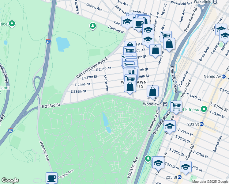 map of restaurants, bars, coffee shops, grocery stores, and more near 243 East 235th Street in Bronx