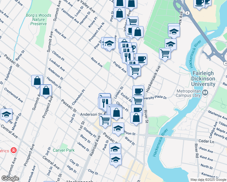 map of restaurants, bars, coffee shops, grocery stores, and more near 98 Euclid Avenue in Hackensack