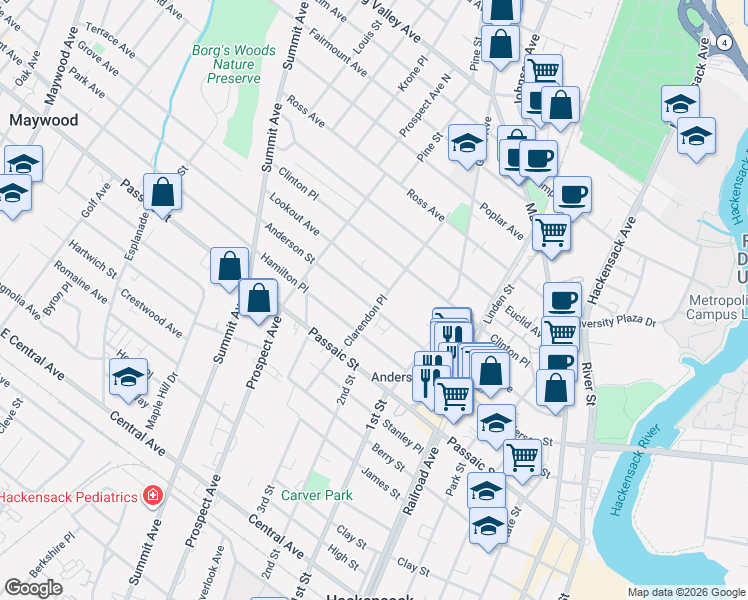 map of restaurants, bars, coffee shops, grocery stores, and more near 270 Lookout Avenue in Hackensack