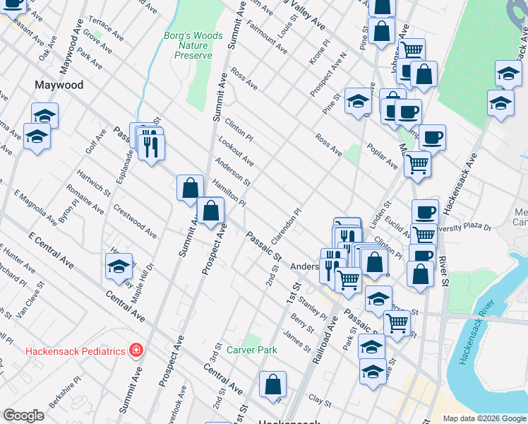 map of restaurants, bars, coffee shops, grocery stores, and more near 300 Anderson Street in Hackensack