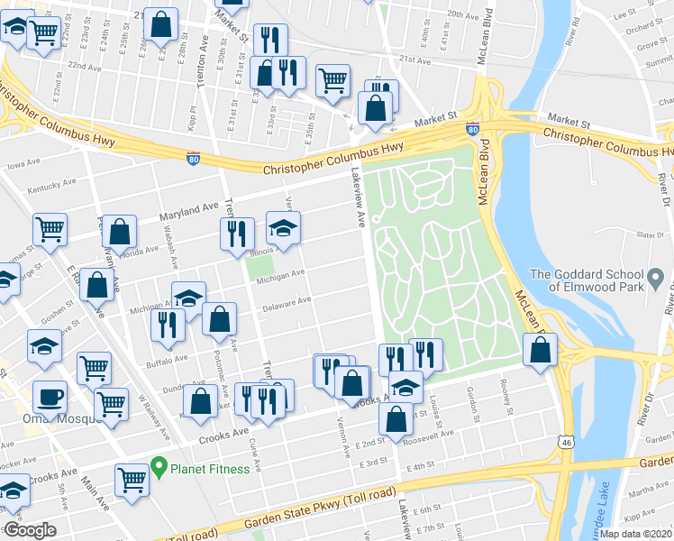 map of restaurants, bars, coffee shops, grocery stores, and more near 383 Michigan Avenue in Paterson