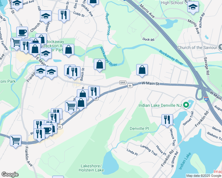 map of restaurants, bars, coffee shops, grocery stores, and more near 305 East Main Street in Rockaway