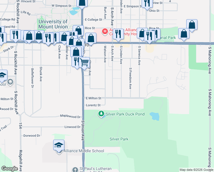 map of restaurants, bars, coffee shops, grocery stores, and more near 2428 Watson Avenue in Alliance