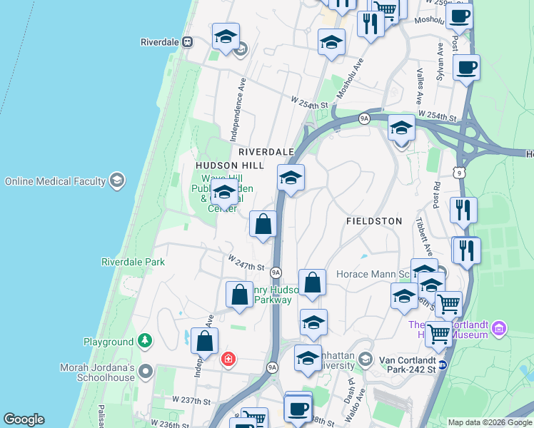 map of restaurants, bars, coffee shops, grocery stores, and more near 4901 Henry Hudson Parkway West in Bronx