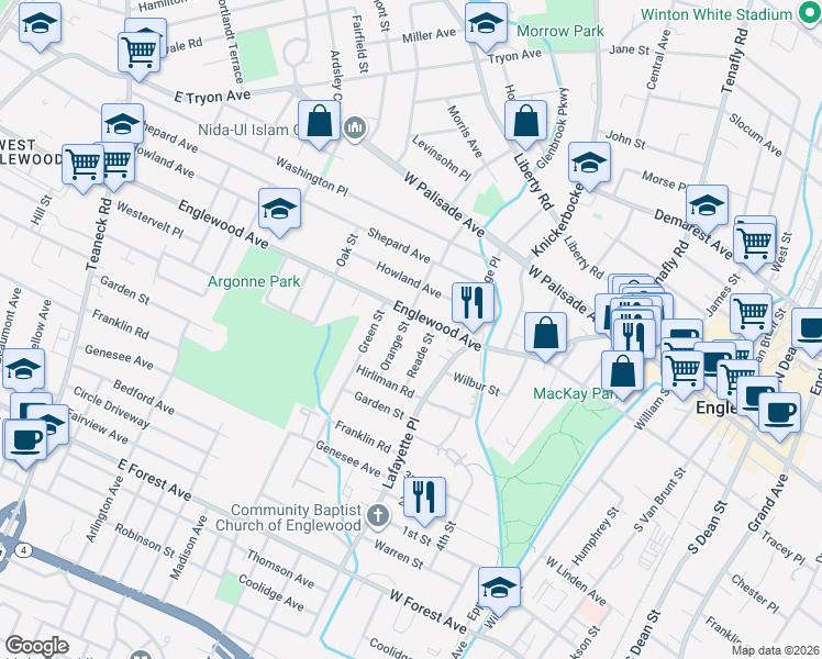 map of restaurants, bars, coffee shops, grocery stores, and more near 283 West Englewood Avenue in Englewood