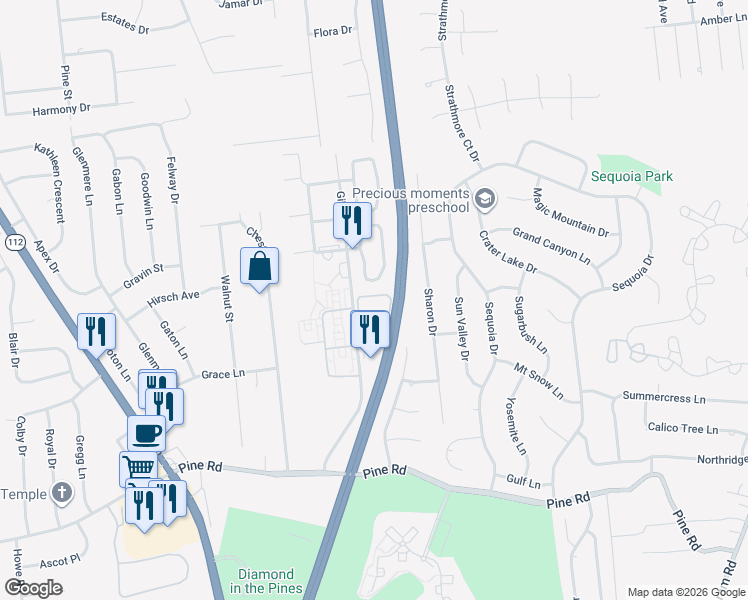 map of restaurants, bars, coffee shops, grocery stores, and more near 83 Pointe Circle South in Coram