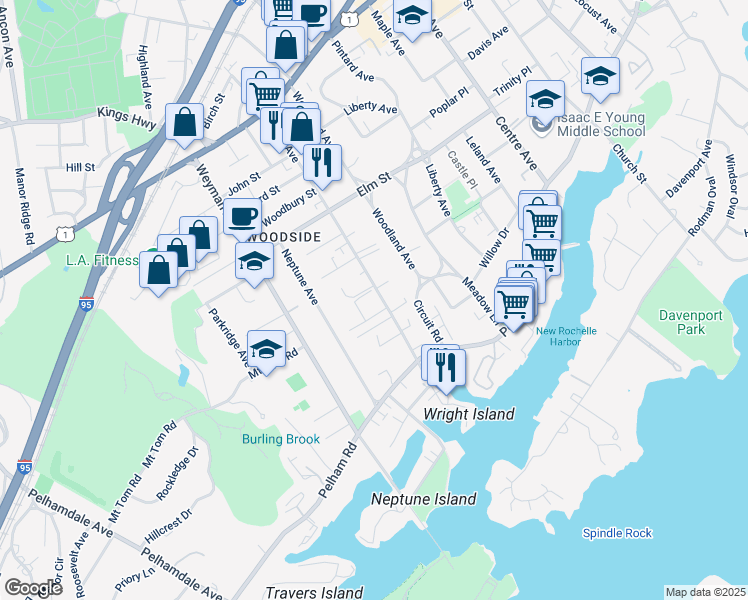 map of restaurants, bars, coffee shops, grocery stores, and more near 217 Drake Avenue in New Rochelle