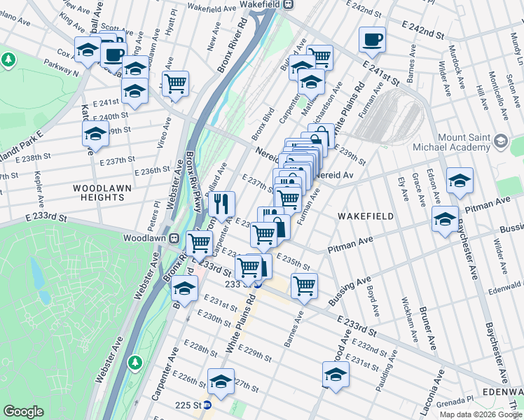 map of restaurants, bars, coffee shops, grocery stores, and more near 4352 Matilda Avenue in The Bronx