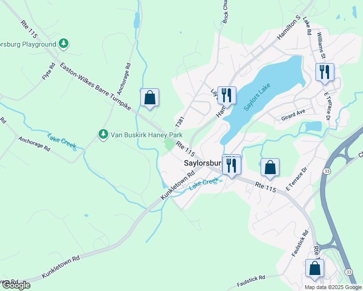 map of restaurants, bars, coffee shops, grocery stores, and more near State Route 115 in Stroudsburg