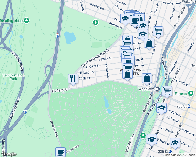 map of restaurants, bars, coffee shops, grocery stores, and more near 118 East 236th Street in Bronx